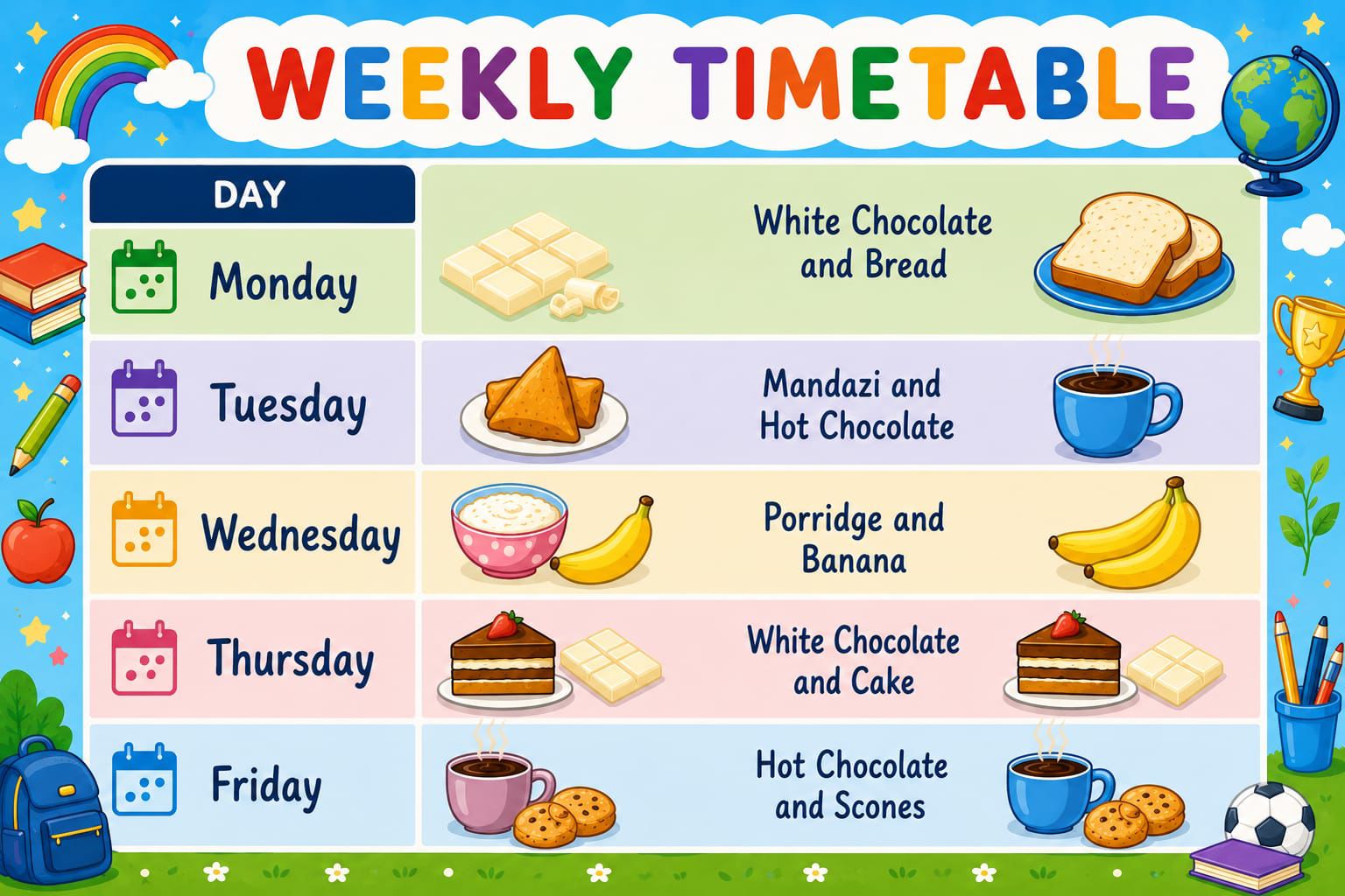 AWOW International School Weekly Snack Timetable